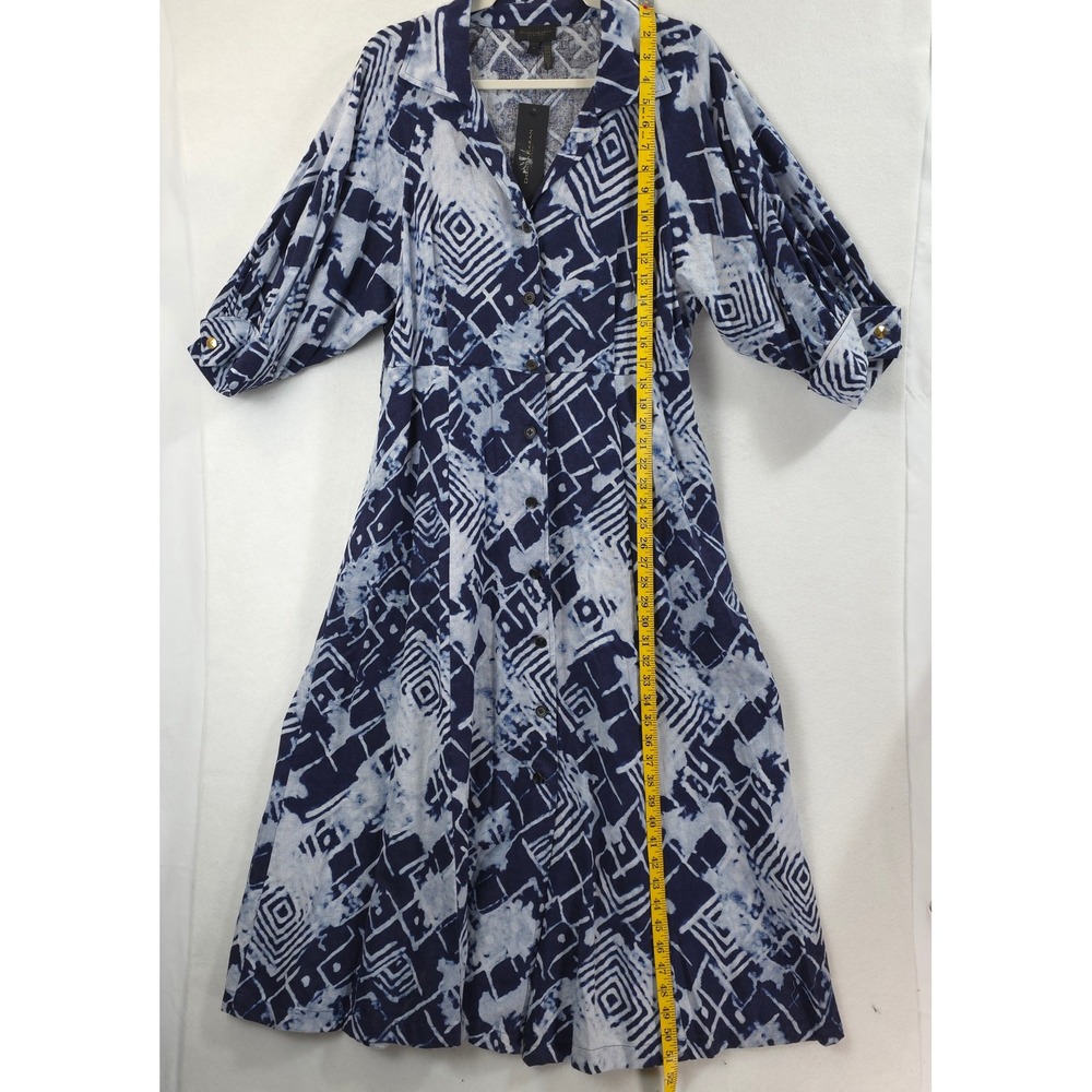 Donna Karan New York Linen Blend Shirt Dress 14 Blue Abstract NWT Coastal Chic - Picture 5 of 13